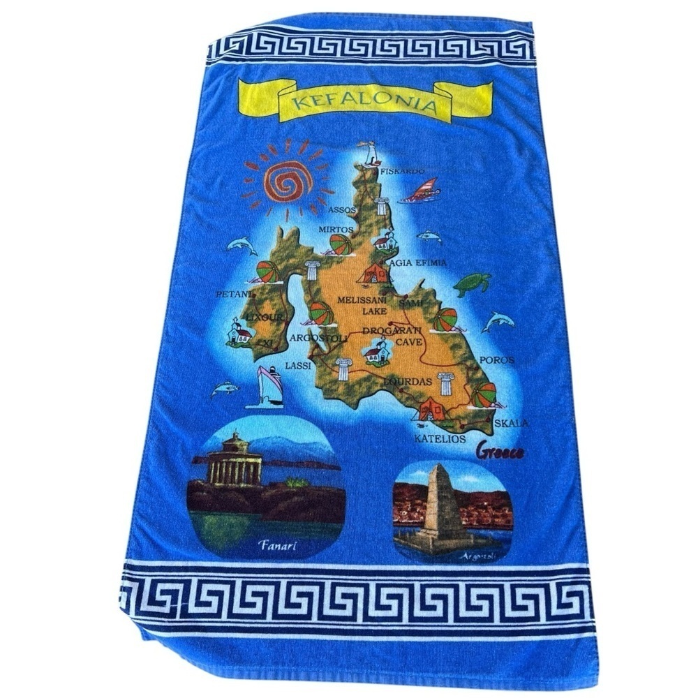 Kefalonia Greece Island Map Beach Towel Greek Key 100% Cotton 30x57 Souvenir